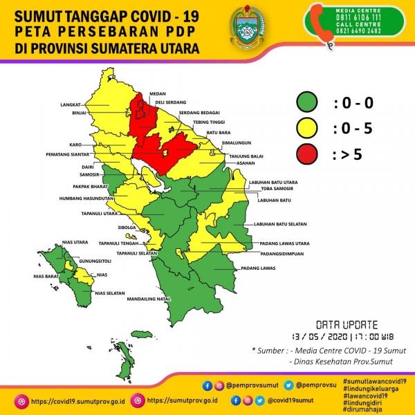 Peta Persebaran PDP di Provinsi Sumatera Utara 13 Mei 2020 